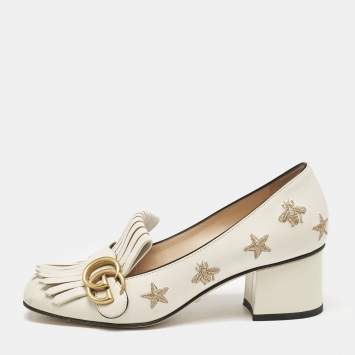 Pre Owned Gucci Cream Leather GG Marmont Fringe Block Heel Pumps Size 37