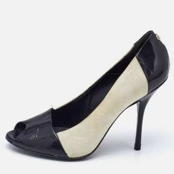 Pre Owned Gucci Black/White Patent Leather And Suede Peep Toe Pumps Size 37