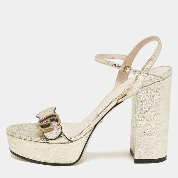Gucci Silver Metallic Leather Horsebit Detail T-Strap