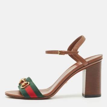 Pre Owned Gucci Brown Leather Web Horsebit Ankle Strap Sandals Size 38