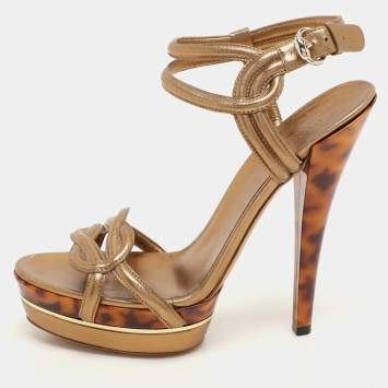 Gucci Gold Leather Platform Ankle Strap Sandals Size 40