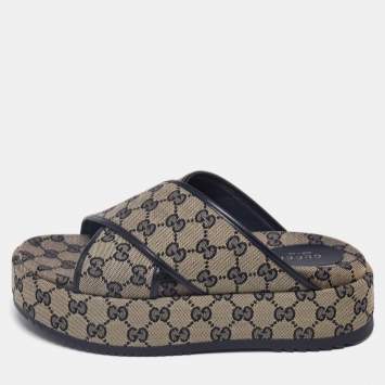 Gucci Beige/Blue GG Canvas Platform Slide Sandals Size 40