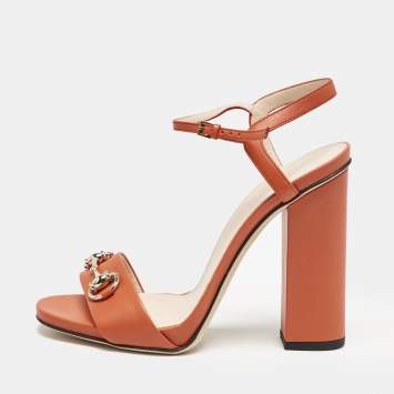 Pre Owned Gucci Orange Leather Horsebit Ankle Strap Sandals Size 38.5