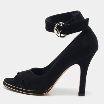 Gucci Black Suede Peep Toe Ankle Strap Pumps Size 36