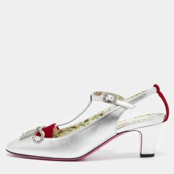 Pre Owned Gucci Silver/Red Leather and Velvet Anita Pumps Size 39.5