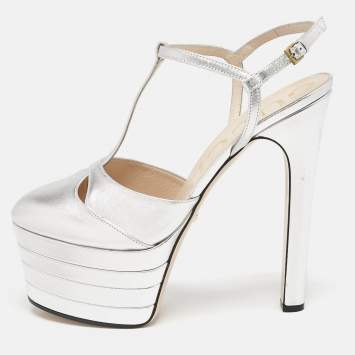 Gucci Silver Leather T-Strap Platform Ankle Strap Pumps Size 40