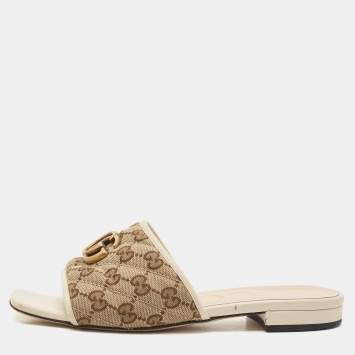 Pre Owned Gucci Beige/Cream GG Canvas and Leather GG Marmont Flat Slides Size 37.5