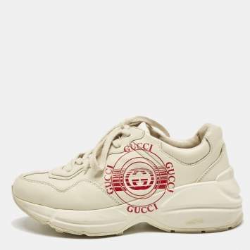 Pre Owned Gucci Cream Leather Disk Print Rhyton Sneakers Size 38