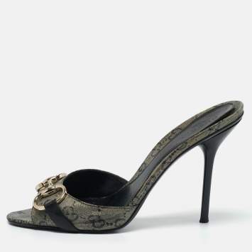 Pre Owned Gucci Grey/Navy Blue GG Supreme Canvas Horsebit Open Toe Slide Sandals Size 37