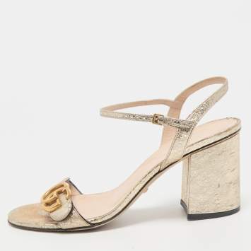 Pre Owned Gucci Metallic Gold Crinkled Leather GG Marmont Ankle Strap Sandals Size 39