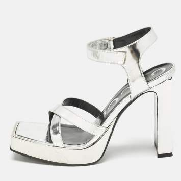 Gucci Silver Leather Buckle Crystal Embellished Ankle Strap Platform Sandals Size 36