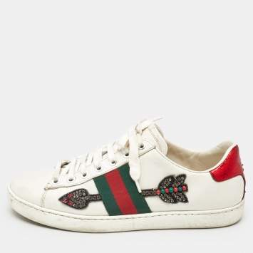 Pre Owned Gucci White Leather Ace Arrow Applique Low Top Sneakers Size 36.5