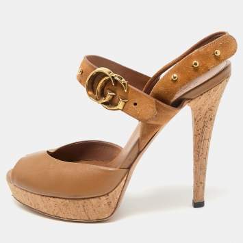 Gucci Brown Leather and Suede GG Cork Platform Peep Toe Slingback Sandals Size 37.5