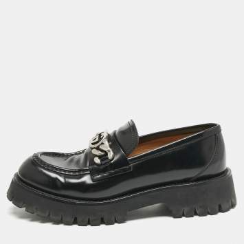Pre Owned Gucci Black Leather Interlocking G Lug Sole Slip On Loafers Size 40