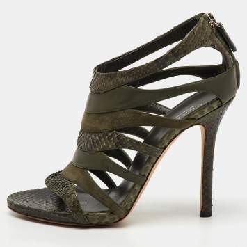 Gucci Olive Green Python Leather and Suede Gladiator Sandals Size 36