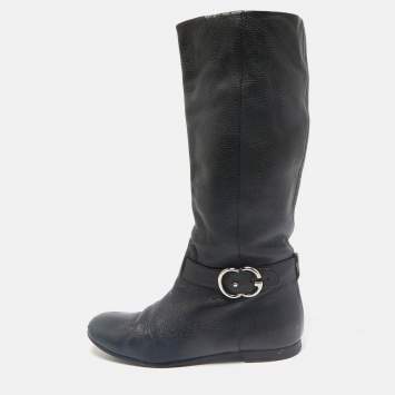 Gucci Black Leather GG Riding Knee Length Boots Size 40