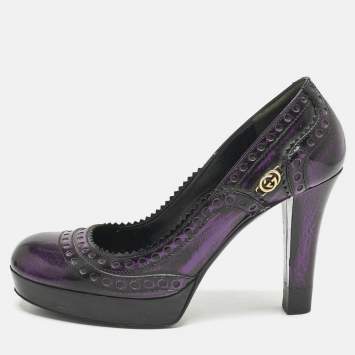Gucci Purple/Black Leather Brogue Round Toe Platform Pumps Size 37.5