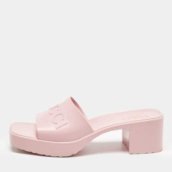 Gucci Pink Rubber Embossed Logo Block Heel Slide Sandals Size 39