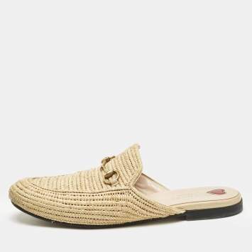 Gucci Beige Raffia Princetown Mules Size 40