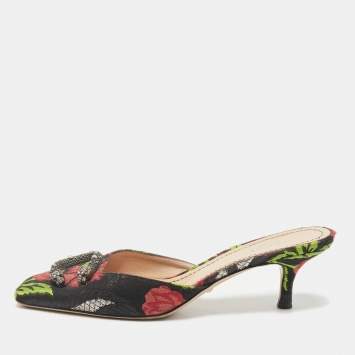 Gucci Black Floral Brocade Fabric Dionysus Square Toe Slip On Mules Size 37