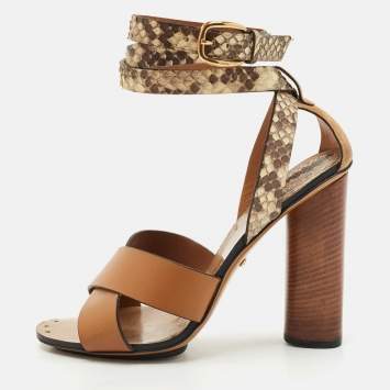 Gucci Brown Python and Leather Crisscross Ankle Strap Sandals Size 38