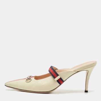 Pre Owned Gucci Cream/Red Leather Emma Web Strap Horsebit Mules Size 40.5