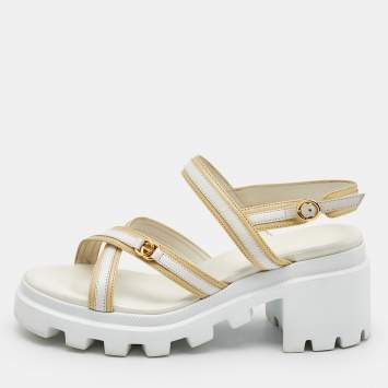 Gucci White/Cream Leather Ankle Strap Block Heel Platform Sandals Size 37