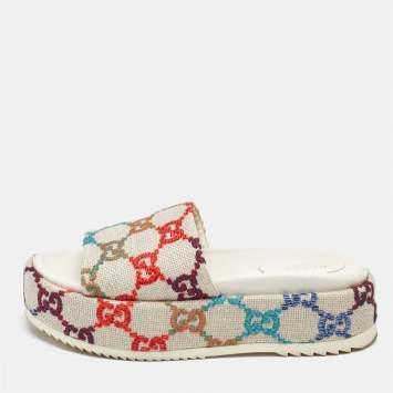 Gucci Beige Jacquard GG Marmont Espadrille Flat Slides Size  38