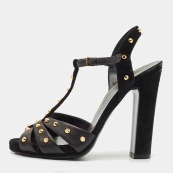 Gucci Black Suede and Leather Studded Ankle Strap Sandals Size 38