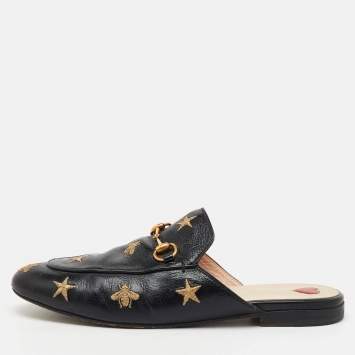 Gucci Black Leather Star Bee Embroidered Princetown Horsebit Flat Mules Size 39
