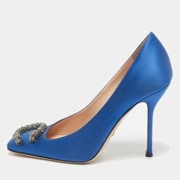 Gucci Blue Satin Embellished Dionysus Pumps Size 37.5