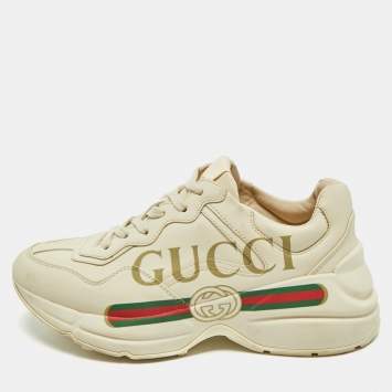 Gucci Cream Leather Rhyton Gucci Logo Low Top Sneakers Size 35