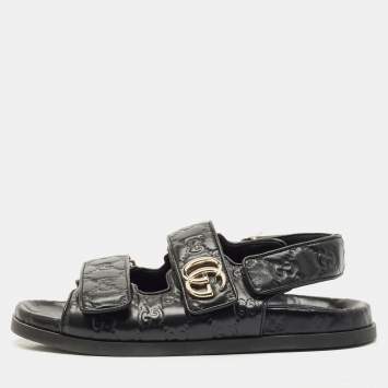 Gucci Black Leather Marmont Double G Flat Sandals Size 37.5