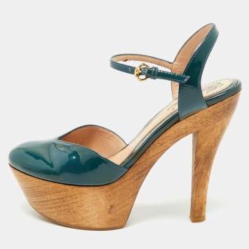 Gucci Teal Green Patent Leather Platform Ankle Strap Sandals Size 35