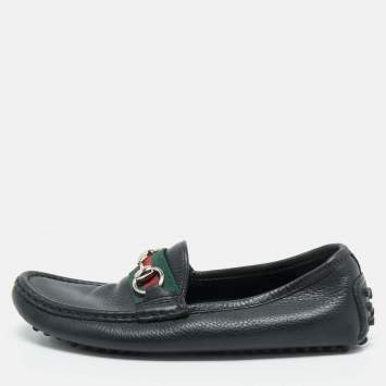 Gucci Black Leather Horsebit Web Loafers Size 35