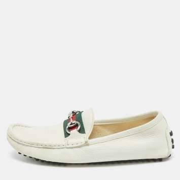 Gucci White Leather Web Horsebit Slip On Loafers Size 35.5