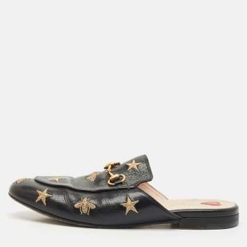 Gucci Black Leather Bee and Star Embroidered Princetown Flat Mules Size 37.5