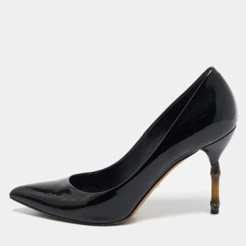 Gucci Black Patent Leather Kristen Bamboo Heel Pumps Size 38