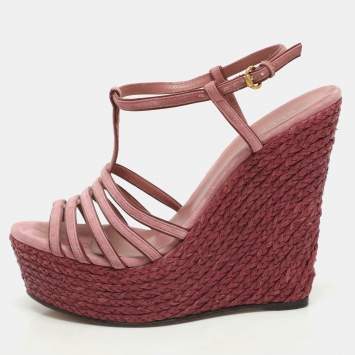 Gucci Pink Suede Strappy Wedge Espadrille Ankle Strap Sandals Size 39