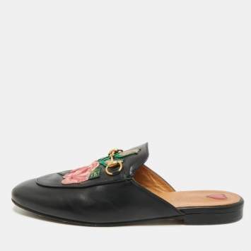 Gucci Black Leather Rose Embroidered Princetown Horsebit Flat Mules Size 39.5