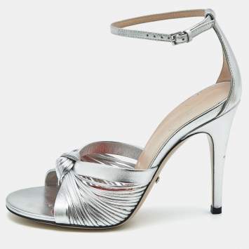 Gucci Silver Leather Allie Knot Ankle Strap Sandals Size 36