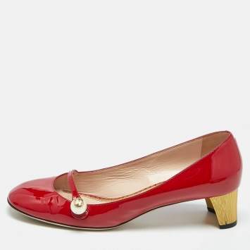 Gucci Red Patent Leather Interlocking G Pearl Pumps Size 40.5