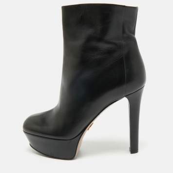 Pre Owned Gucci Black Leather Ankle Length Platform Boots Size 38