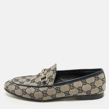 Pre Owned Gucci Beige/Blue GG Canvas and Leather Jordaan Horsebit Loafers Size 38