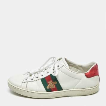 Pre Owned Gucci White Leather Bee Embroidered Ace Low Top Sneakers Size 37