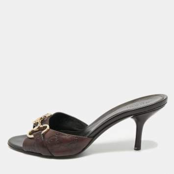 Pre Owned Gucci Dark Brown Guccissima Leather New Hollywood Horsebit Mules Size 35