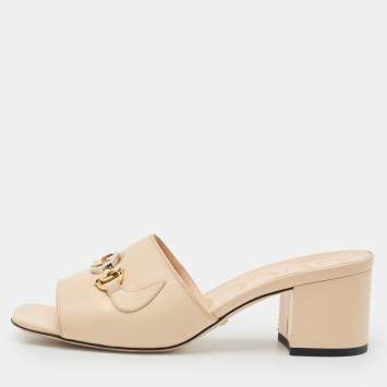 Gucci Beige Leather Zumi Slide Sandals Size 38.5