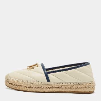 Gucci Beige/Navy Blue Quilted Leather GG Marmont Flat Espadrilles Size 36