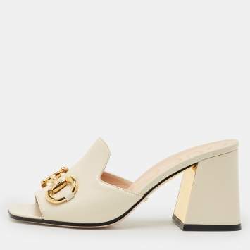 Gucci Off White Leather Horsebit Block Heel Slide Sandals Size 37