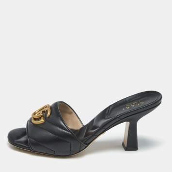 Gucci Black Matelassé Leather GG Marmont Slide Sandals Size 35.5